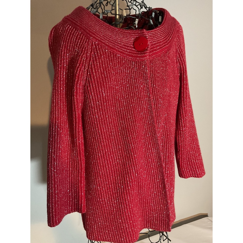 Cato Red Metallic Shimmer‎ Ribbed Knit Cardigan Sweater Portrait Collar Size M